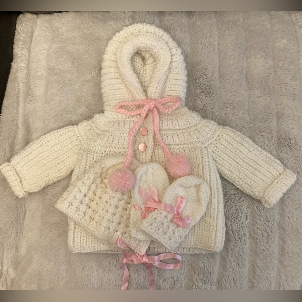 Brand New Hand Knit Baby Sweater, Hat and Mittens